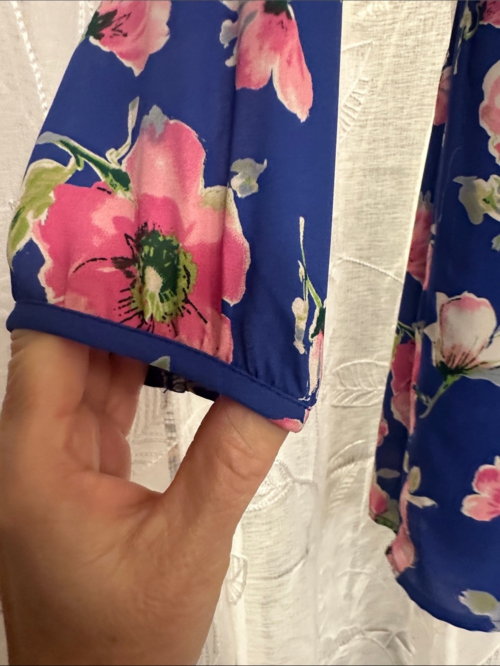 Peach Love California Blue Off-Shoulder Floral Romper with Pink Blooms - Picture 7 of 12